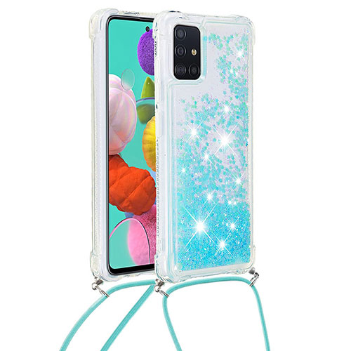 Silicone Candy Rubber TPU Bling-Bling Soft Case Cover with Lanyard Strap S03 for Samsung Galaxy A51 5G Sky Blue