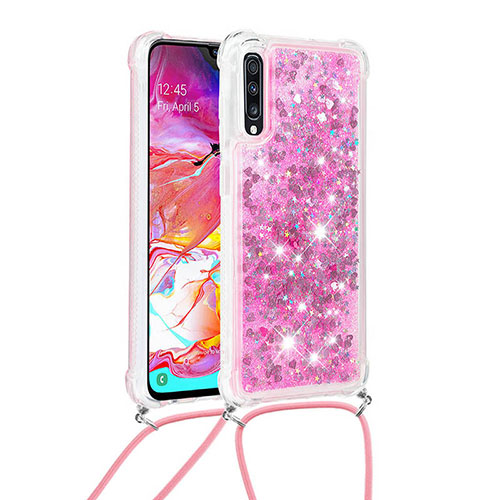 Silicone Candy Rubber TPU Bling-Bling Soft Case Cover with Lanyard Strap S03 for Samsung Galaxy A70S Hot Pink