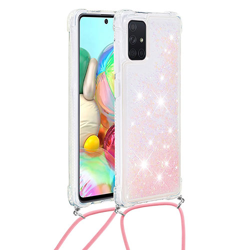 Silicone Candy Rubber TPU Bling-Bling Soft Case Cover with Lanyard Strap S03 for Samsung Galaxy A71 4G A715 Pink