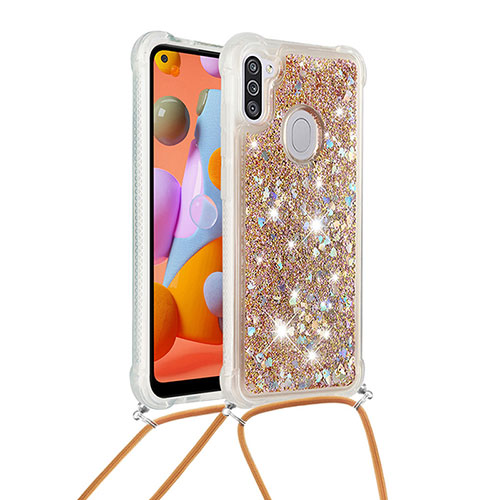 Silicone Candy Rubber TPU Bling-Bling Soft Case Cover with Lanyard Strap S03 for Samsung Galaxy M11 Gold