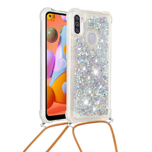 Silicone Candy Rubber TPU Bling-Bling Soft Case Cover with Lanyard Strap S03 for Samsung Galaxy M11 Silver