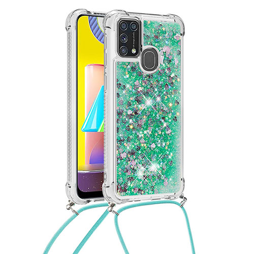 Silicone Candy Rubber TPU Bling-Bling Soft Case Cover with Lanyard Strap S03 for Samsung Galaxy M21s Green