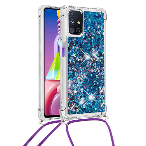 Silicone Candy Rubber TPU Bling-Bling Soft Case Cover with Lanyard Strap S03 for Samsung Galaxy M51 Blue
