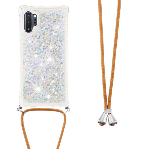 Silicone Candy Rubber TPU Bling-Bling Soft Case Cover with Lanyard Strap S03 for Samsung Galaxy Note 10 Plus 5G Silver