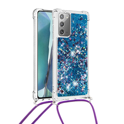 Silicone Candy Rubber TPU Bling-Bling Soft Case Cover with Lanyard Strap S03 for Samsung Galaxy Note 20 5G Blue