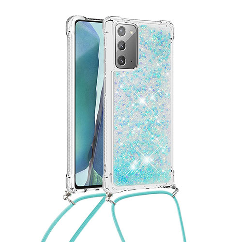 Silicone Candy Rubber TPU Bling-Bling Soft Case Cover with Lanyard Strap S03 for Samsung Galaxy Note 20 5G Sky Blue