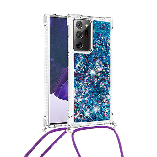 Silicone Candy Rubber TPU Bling-Bling Soft Case Cover with Lanyard Strap S03 for Samsung Galaxy Note 20 Ultra 5G Blue