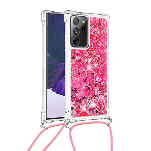 Silicone Candy Rubber TPU Bling-Bling Soft Case Cover with Lanyard Strap S03 for Samsung Galaxy Note 20 Ultra 5G Hot Pink