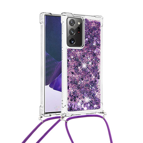 Silicone Candy Rubber TPU Bling-Bling Soft Case Cover with Lanyard Strap S03 for Samsung Galaxy Note 20 Ultra 5G Purple