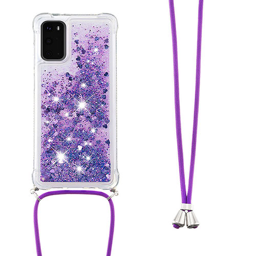 Silicone Candy Rubber TPU Bling-Bling Soft Case Cover with Lanyard Strap S03 for Samsung Galaxy S20 5G Purple