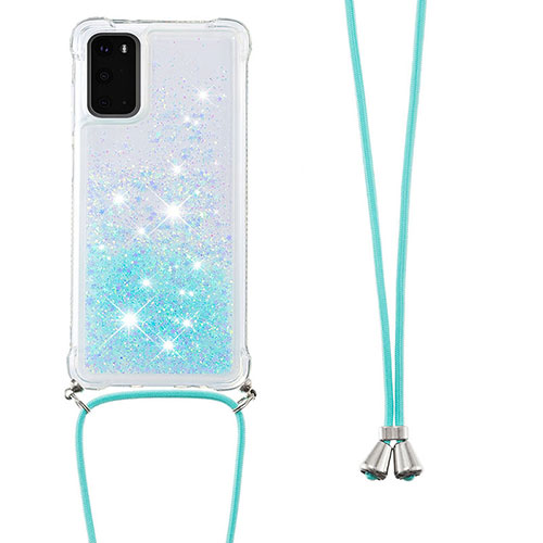 Silicone Candy Rubber TPU Bling-Bling Soft Case Cover with Lanyard Strap S03 for Samsung Galaxy S20 5G Sky Blue