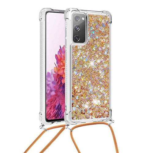 Silicone Candy Rubber TPU Bling-Bling Soft Case Cover with Lanyard Strap S03 for Samsung Galaxy S20 FE (2022) 5G Gold