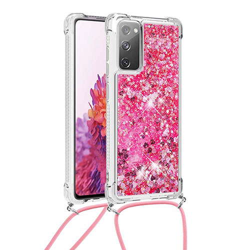 Silicone Candy Rubber TPU Bling-Bling Soft Case Cover with Lanyard Strap S03 for Samsung Galaxy S20 FE (2022) 5G Hot Pink