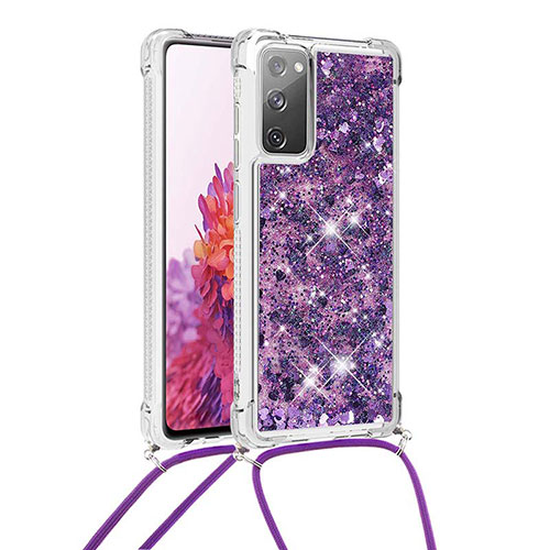 Silicone Candy Rubber TPU Bling-Bling Soft Case Cover with Lanyard Strap S03 for Samsung Galaxy S20 FE 5G Purple