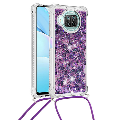 Silicone Candy Rubber TPU Bling-Bling Soft Case Cover with Lanyard Strap S03 for Xiaomi Mi 10T Lite 5G Purple