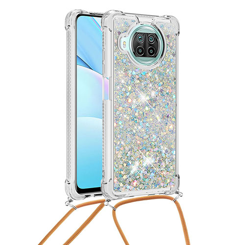 Silicone Candy Rubber TPU Bling-Bling Soft Case Cover with Lanyard Strap S03 for Xiaomi Mi 10T Lite 5G Silver