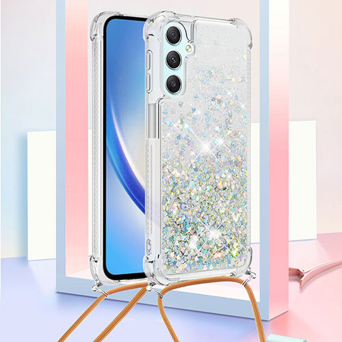 Silicone Candy Rubber TPU Bling-Bling Soft Case Cover with Lanyard Strap YB3 for Samsung Galaxy A25 5G Mint Blue