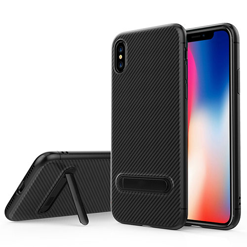 Silicone Candy Rubber TPU Twill Soft Case with Stand for Apple iPhone Xs Black