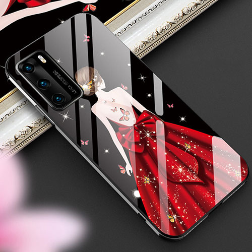 Silicone Frame Dress Party Girl Mirror Case Cover for Huawei P40 Red and Black