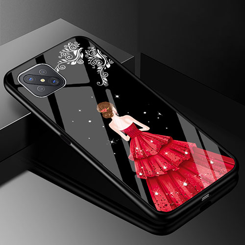 Silicone Frame Dress Party Girl Mirror Case Cover for Oppo Reno4 Z 5G Red and Black