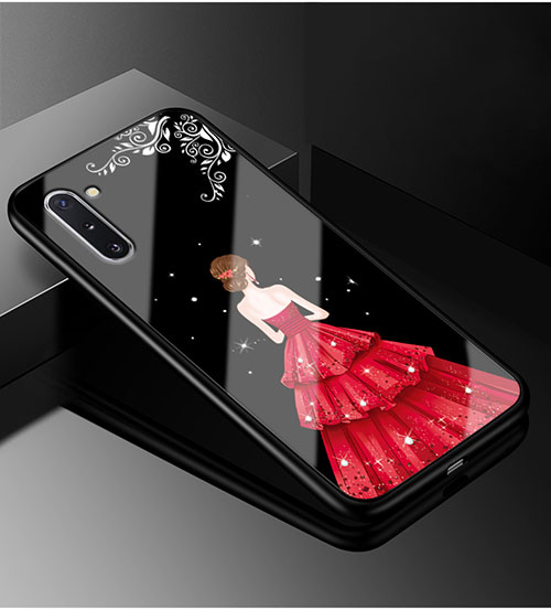 Silicone Frame Dress Party Girl Mirror Case Cover for Samsung Galaxy Note 10 Plus 5G Red and Black