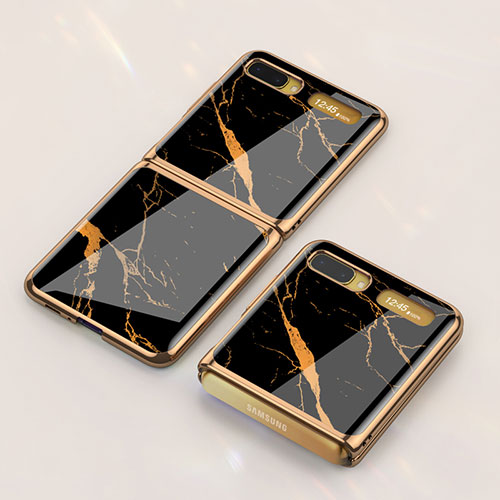 Silicone Frame Fashionable Pattern Mirror Case Cover for Samsung Galaxy Z Flip 5G Gold and Black