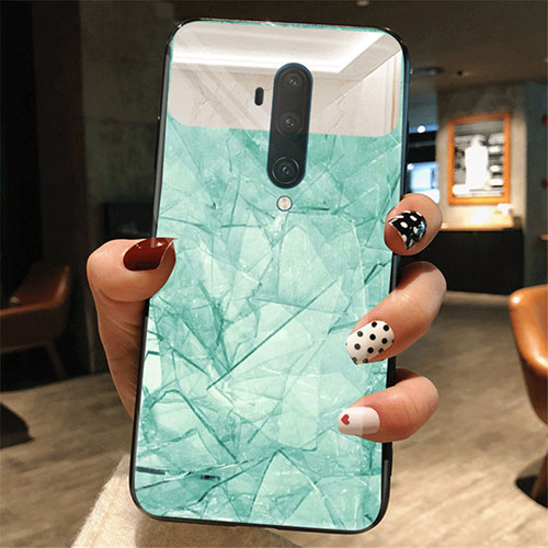 Silicone Frame Fashionable Pattern Mirror Case Cover K01 for OnePlus 7T Pro Cyan