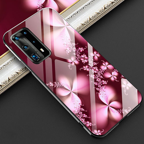 Silicone Frame Flowers Mirror Case Cover for Huawei P40 Pro+ Plus Red