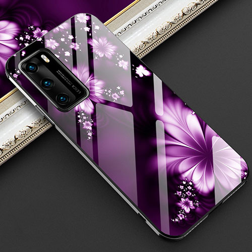 Silicone Frame Flowers Mirror Case Cover for Huawei P40 Purple