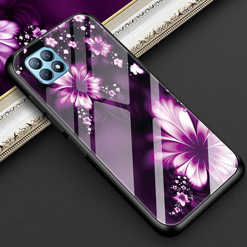 Silicone Frame Flowers Mirror Case Cover for Oppo Reno4 SE 5G Purple