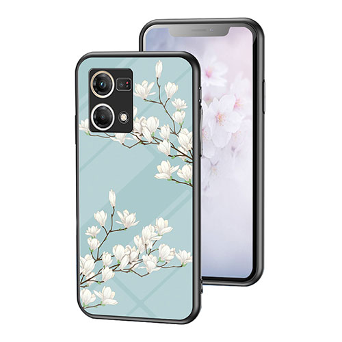 Silicone Frame Flowers Mirror Case Cover for Oppo Reno7 4G Cyan