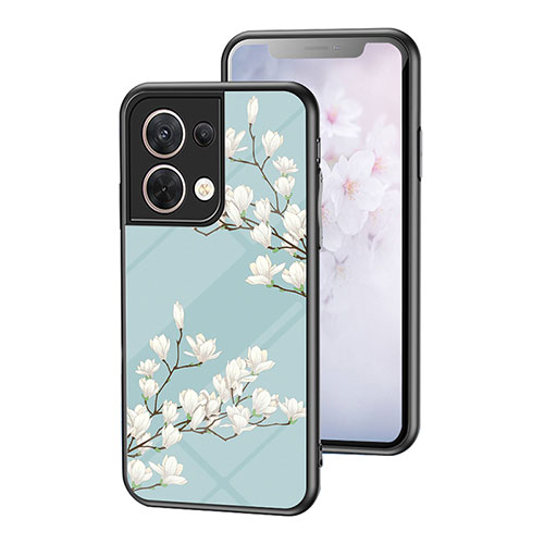 Silicone Frame Flowers Mirror Case Cover for Oppo Reno9 5G Cyan