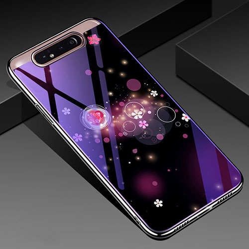 Silicone Frame Flowers Mirror Case Cover for Samsung Galaxy A80 Purple