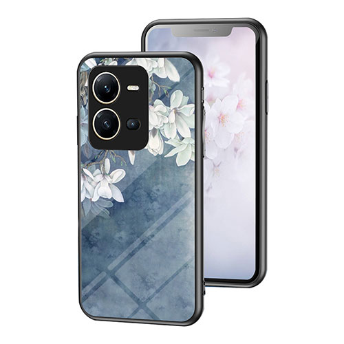 Silicone Frame Flowers Mirror Case Cover for Vivo V25 5G Blue