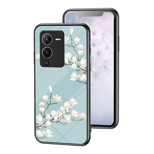 Silicone Frame Flowers Mirror Case Cover for Vivo V25 Pro 5G Cyan