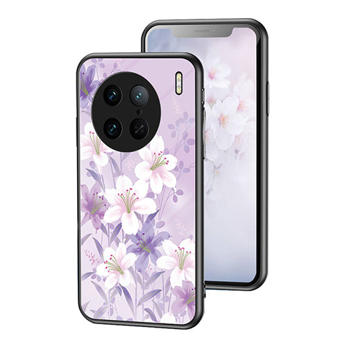 Silicone Frame Flowers Mirror Case Cover for Vivo X90 Pro 5G Clove Purple