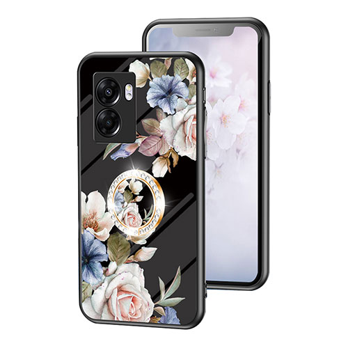 Silicone Frame Flowers Mirror Case Cover S01 for Oppo A56S 5G Black