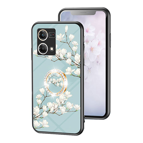 Silicone Frame Flowers Mirror Case Cover S01 for Oppo Reno7 4G Cyan