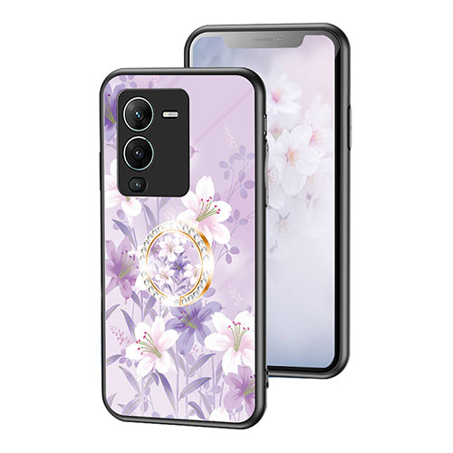 Silicone Frame Flowers Mirror Case Cover S01 for Vivo V25 Pro 5G Clove Purple