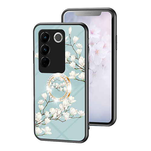 Silicone Frame Flowers Mirror Case Cover S01 for Vivo V27 5G Cyan