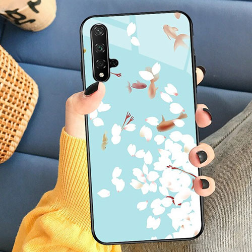 Silicone Frame Flowers Mirror Case for Huawei Honor 20 Cyan