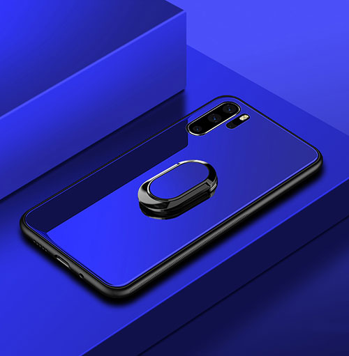 Silicone Frame Mirror Case Cover with Finger Ring Stand for Huawei P30 Pro Blue