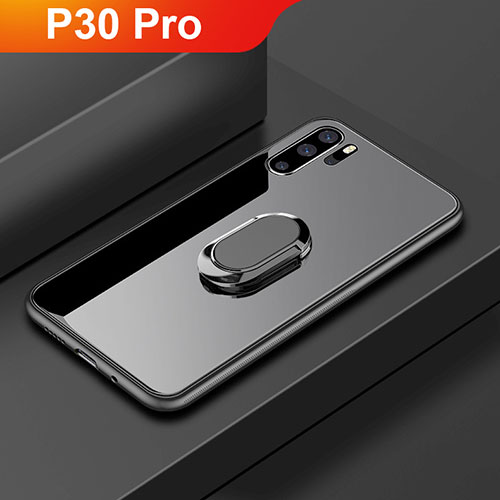Silicone Frame Mirror Case Cover with Finger Ring Stand for Huawei P30 Pro New Edition Black