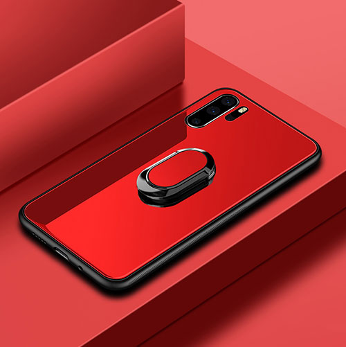 Silicone Frame Mirror Case Cover with Finger Ring Stand for Huawei P30 Pro Red
