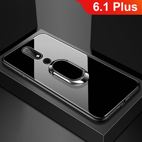 Silicone Frame Mirror Case Cover with Finger Ring Stand for Nokia 6.1 Plus Black