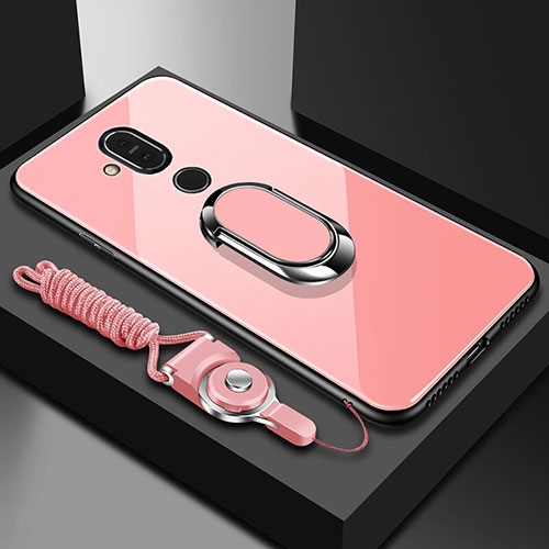 Silicone Frame Mirror Case Cover with Finger Ring Stand for Nokia 7.1 Plus Rose Gold