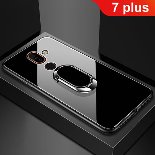 Silicone Frame Mirror Case Cover with Finger Ring Stand for Nokia 7 Plus Black
