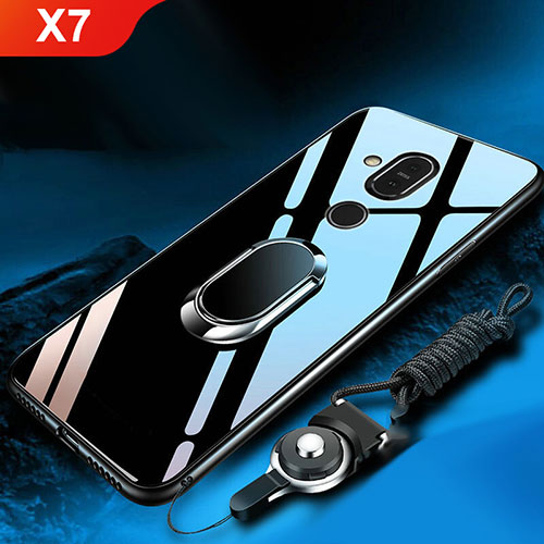 Silicone Frame Mirror Case Cover with Finger Ring Stand for Nokia X7 Black
