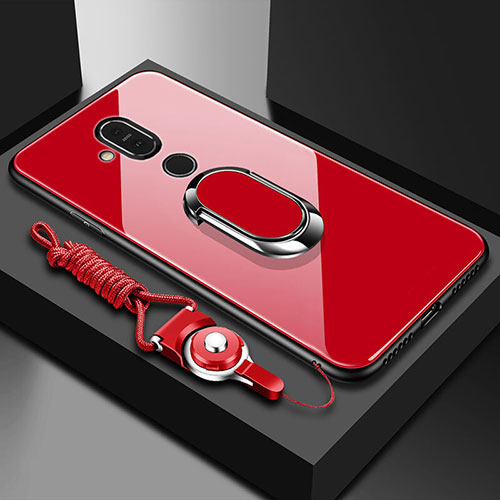 Silicone Frame Mirror Case Cover with Finger Ring Stand for Nokia X7 Red