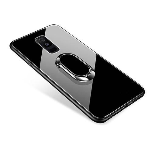 Silicone Frame Mirror Case Cover with Finger Ring Stand for Samsung Galaxy A9 Star Lite Black